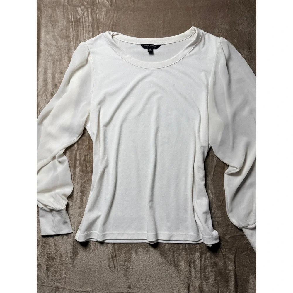 Banana Republic Women Cream Sheer Chiffon Puff Sleeve‎ Crepe Top Medium Romantic